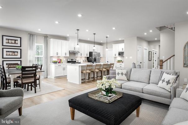 Dining room, Interior, Kitchen, Living room, Pendant Lights, Recessed Lighting, Stainless Steel Appliances, Wood Texture Flooring