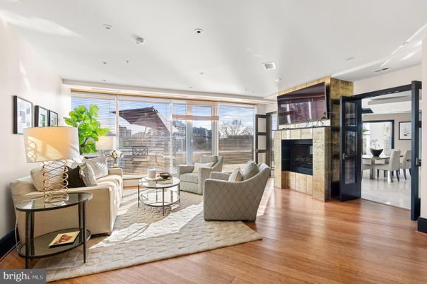 Dining room, Fireplace, Interior, Living room, Recessed Lighting, Wood Texture Flooring