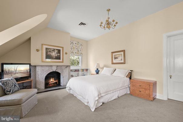 Bedroom, Chandelier, Fireplace, Interior