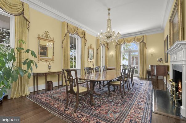 Chandelier, Dining room, Fireplace, Interior, Wood Texture Flooring