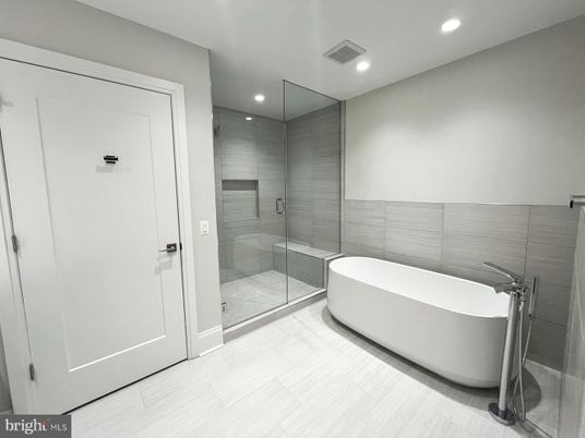 Bathroom, Free Standing Baths, Glass Shower, Interior, Recessed Lighting
