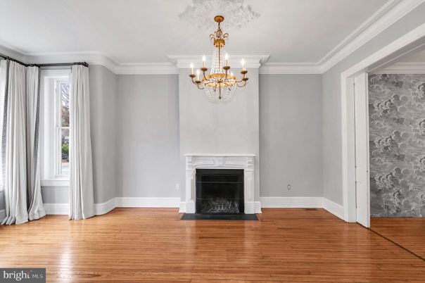 Chandelier, Empty room, Fireplace, Interior, Wood Texture Flooring