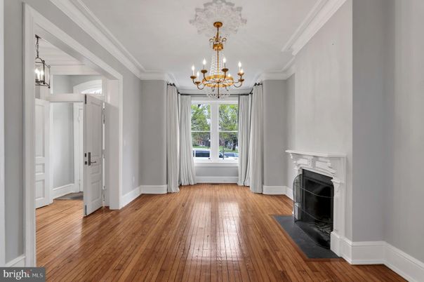 Chandelier, Empty room, Fireplace, Interior, Wood Texture Flooring
