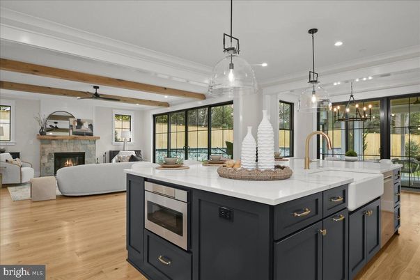 Fireplace, Interior, Kitchen, Living room, Pendant Lights, Recessed Lighting, Stainless Steel Appliances, Wooden Beams, Wood Texture Flooring