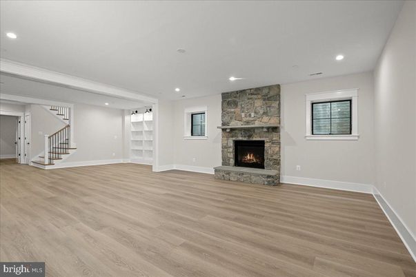 Empty room, Fireplace, Interior, Recessed Lighting, Wood Texture Flooring