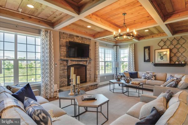 Chandelier, Fireplace, Interior, Living room, Recessed Lighting, Stone Walls, Wooden Beams, Wooden Ceilings