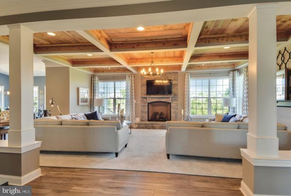 Chandelier, Fireplace, Interior, Living room, Recessed Lighting, Wooden Beams, Wooden Ceilings, Wood Texture Flooring