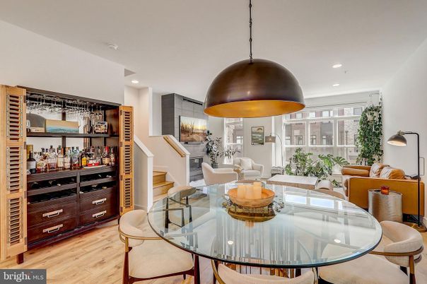Dining room, Interior, Living room, Pendant Lights, Recessed Lighting, Wood Texture Flooring