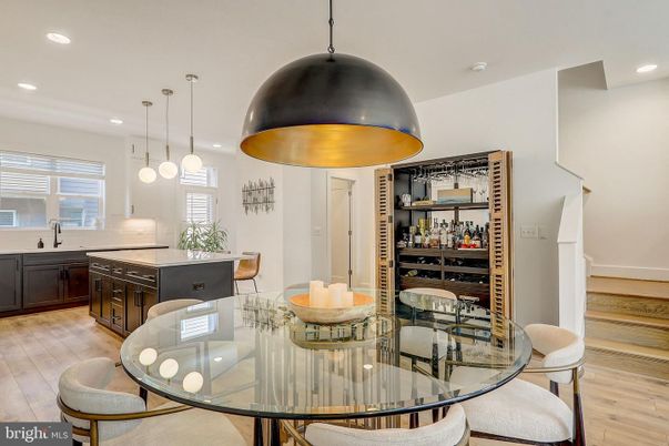 Dining room, Interior, Pendant Lights, Recessed Lighting, Wood Texture Flooring
