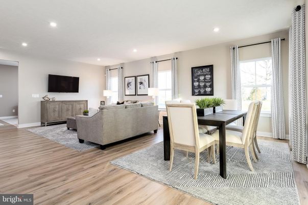 Dining room, Interior, Living room, Recessed Lighting, Wood Texture Flooring