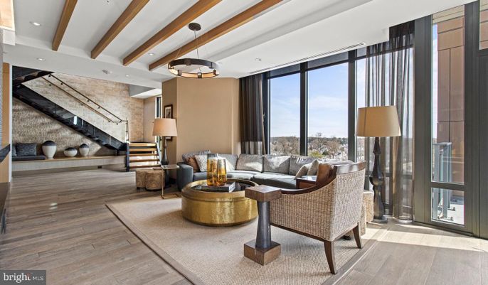 Interior, Living room, Pendant Lights, Recessed Lighting, Stone Walls, Wooden Beams, Wood Texture Flooring