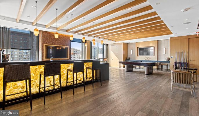 Billiard Table, Game Room, Interior, Pendant Lights, Recessed Lighting, Wooden Beams, Wood Texture Flooring