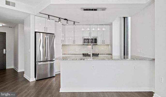 Interior, Kitchen, Pendant Lights, Stainless Steel Appliances, Wood Texture Flooring
