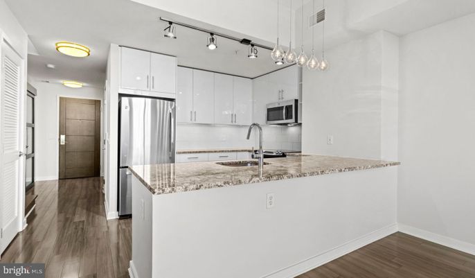 Interior, Kitchen, Pendant Lights, Stainless Steel Appliances, Wood Texture Flooring