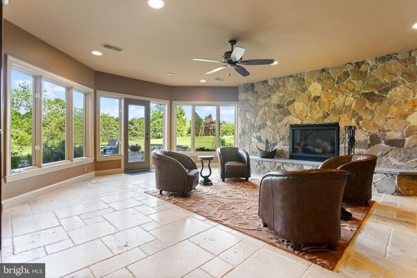 Fireplace, Interior, Living room, Recessed Lighting, Stone Walls