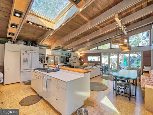 Dining room, Interior, Kitchen, Living room, Pendant Lights, Stainless Steel Appliances, Wooden Beams, Wooden Ceilings, Wood Texture Flooring