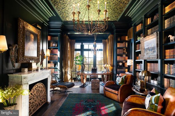 Chandelier, Fireplace, Home Office, Interior, Wood Texture Flooring