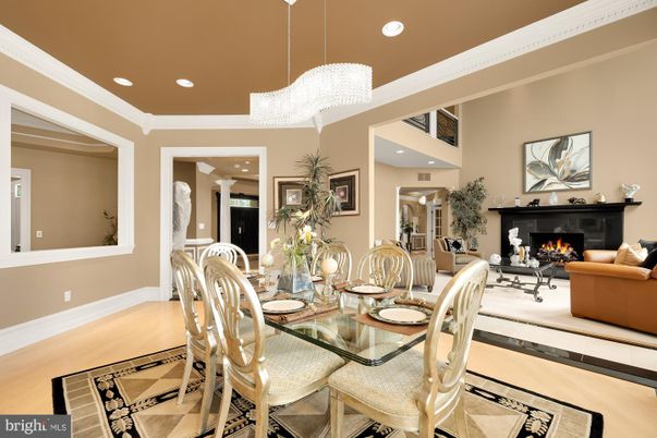 Chandelier, Dining room, Fireplace, Interior, Living room, Recessed Lighting, Wood Texture Flooring