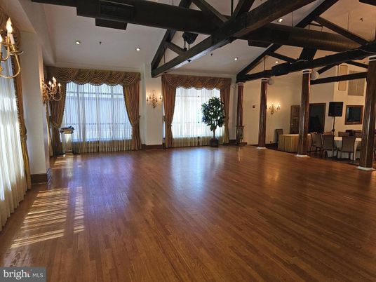 Chandelier, Empty room, Interior, Recessed Lighting, Wooden Beams, Wood Texture Flooring