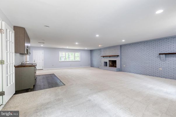 Empty room, Fireplace, Interior, Recessed Lighting, Stone Walls
