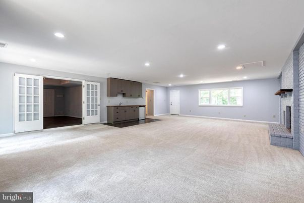Empty room, Fireplace, Interior, Kitchen, Recessed Lighting, Stone Walls