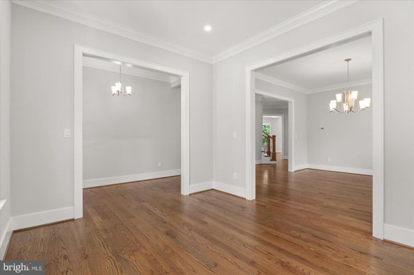 Chandelier, Empty room, Interior, Recessed Lighting, Wood Texture Flooring