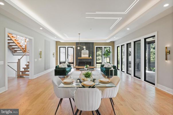 Dining room, Fireplace, Interior, Living room, Pendant Lights, Recessed Lighting, Wood Texture Flooring