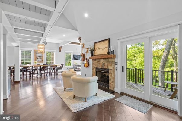 Dining room, Fireplace, Interior, Pendant Lights, Recessed Lighting, Wood Texture Flooring