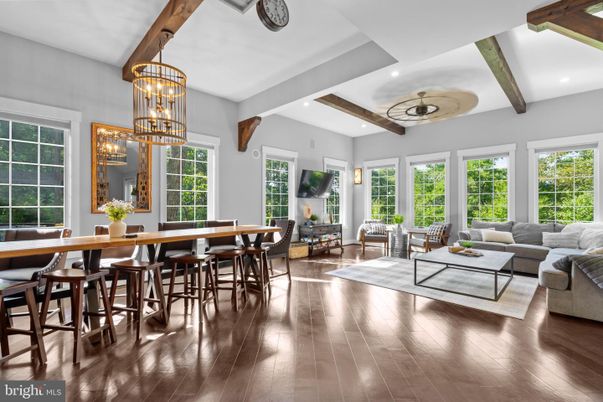 Chandelier, Dining room, Interior, Living room, Recessed Lighting, Wooden Beams, Wood Texture Flooring