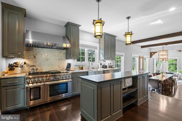 Dining room, Interior, Kitchen, Pendant Lights, Recessed Lighting, Stainless Steel Appliances, Wooden Beams, Wood Texture Flooring