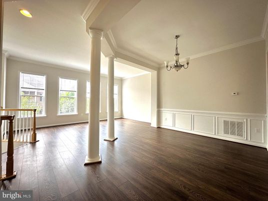 Chandelier, Empty room, Interior, Recessed Lighting, Wood Texture Flooring