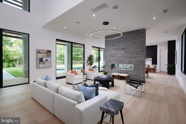 Interior, Living room, Pendant Lights, Recessed Lighting, Wood Texture Flooring, Wooden Walls