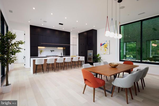 Dining room, Interior, Kitchen, Pendant Lights, Recessed Lighting, Wood Texture Flooring