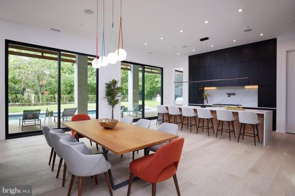 Dining room, Interior, Kitchen, Pendant Lights, Recessed Lighting, Wood Texture Flooring