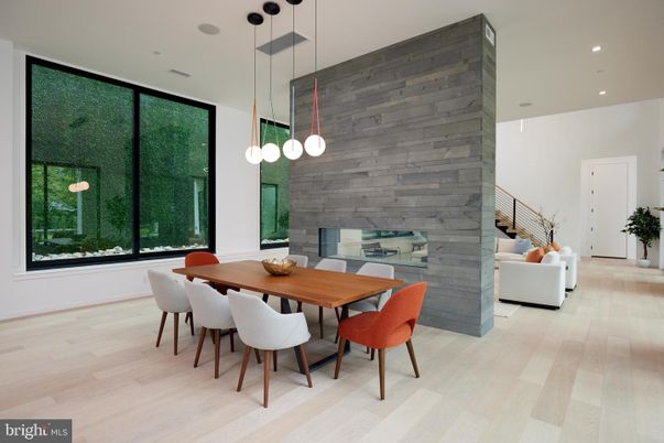 Dining room, Fireplace, Interior, Pendant Lights, Recessed Lighting, Stone Walls, Wood Texture Flooring, Wooden Walls