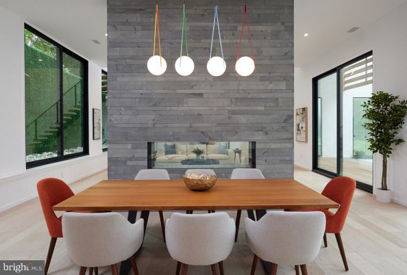 Dining room, Fireplace, Interior, Pendant Lights, Recessed Lighting, Stone Walls, Wood Texture Flooring