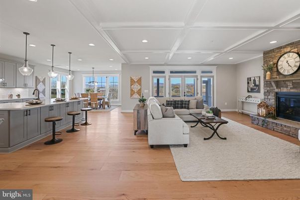 Dining room, Fireplace, Interior, Kitchen, Living room, Pendant Lights, Recessed Lighting, Stone Walls, Wood Texture Flooring