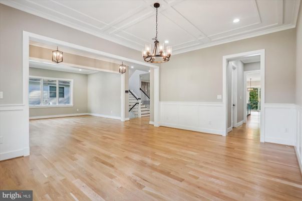 Chandelier, Empty room, Interior, Pendant Lights, Recessed Lighting, Wood Texture Flooring