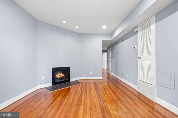 Empty room, Fireplace, Interior, Recessed Lighting, Wood Texture Flooring