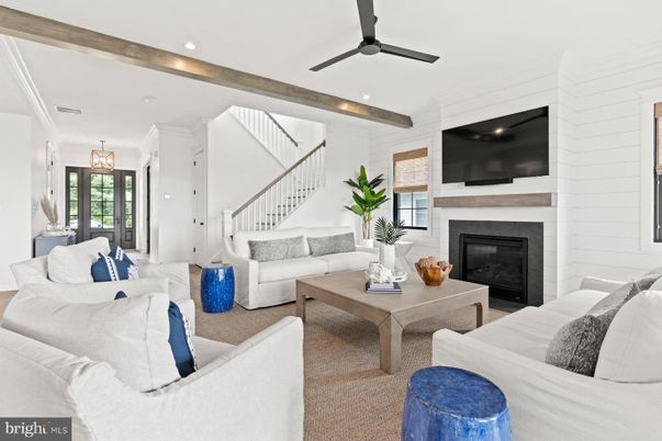 Fireplace, Interior, Living room, Pendant Lights, Recessed Lighting, Wooden Beams