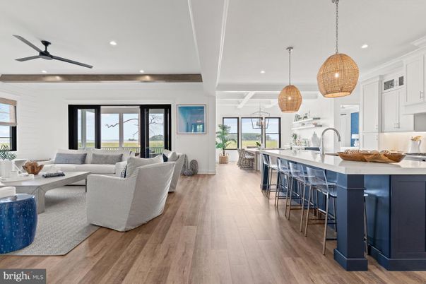 Interior, Kitchen, Living room, Pendant Lights, Recessed Lighting, Water, Wood Texture Flooring