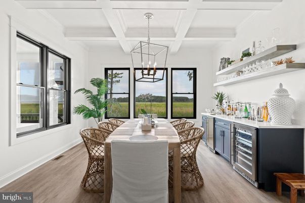 Dining room, Interior, Pendant Lights, Wood Texture Flooring