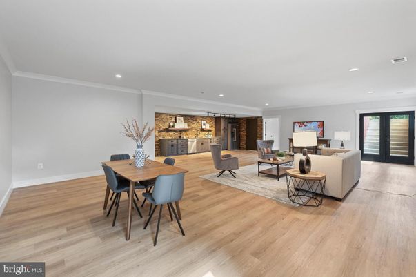 Dining room, Interior, Living room, Pendant Lights, Recessed Lighting, Stone Walls, Wood Texture Flooring