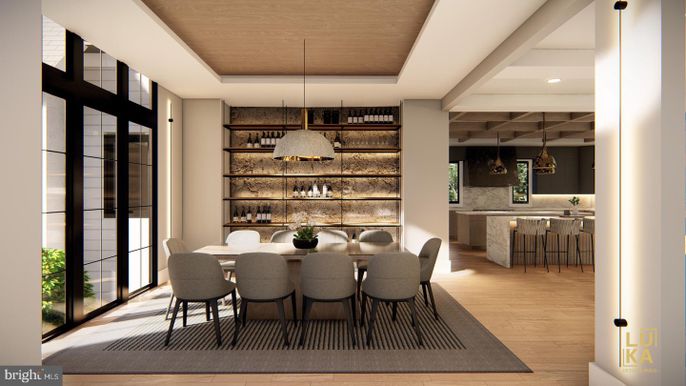 Dining room, Interior, Pendant Lights, Recessed Lighting, Wood Texture Flooring