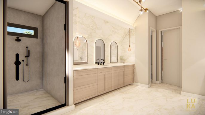Bathroom, Dual Sink Vanities, Interior, Marble, Pendant Lights