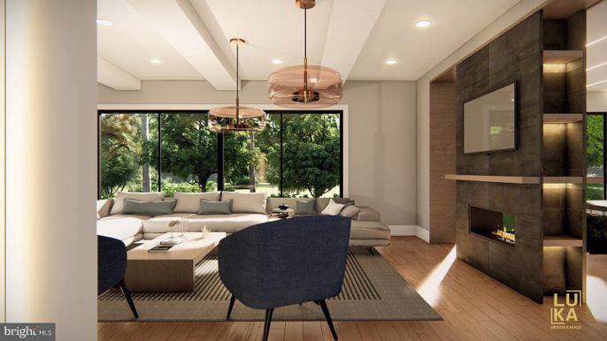 Fireplace, Interior, Living room, Pendant Lights, Recessed Lighting, Wood Texture Flooring