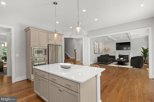 Fireplace, Interior, Kitchen, Living room, Pendant Lights, Recessed Lighting, Stainless Steel Appliances, Wood Texture Flooring
