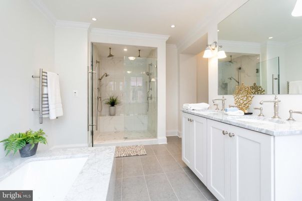 Bathroom, Dual Sink Vanities, Glass Shower, Interior, Marble, Marble Walls, Recessed Lighting