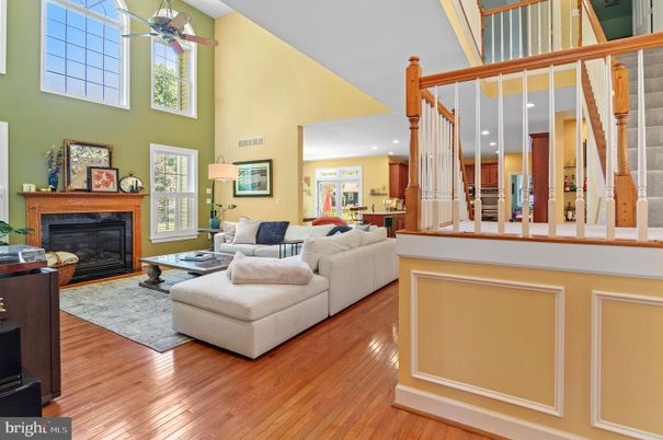 Fireplace, Interior, Kitchen, Living room, Recessed Lighting, Wood Texture Flooring