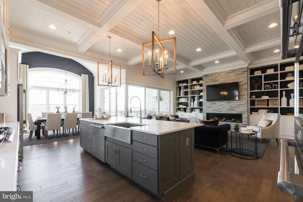 Dining room, Fireplace, Interior, Kitchen, Living room, Pendant Lights, Recessed Lighting, Stone Walls, Wood Texture Flooring